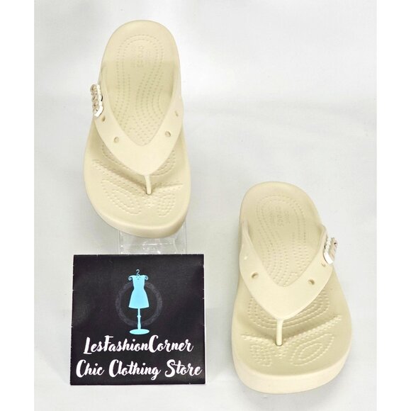 Crocs Women's Cream Croslite Classic Platform Flip Flops Size 6 2121 - Picture 2 of 16